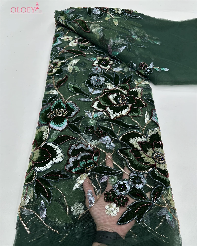

OLOEY Роскошная бархатная кружевная ткань с бисером, высокое качество, нигерийская кружевная ткань с бисером, модная африканская кружевная ткань с блестками для