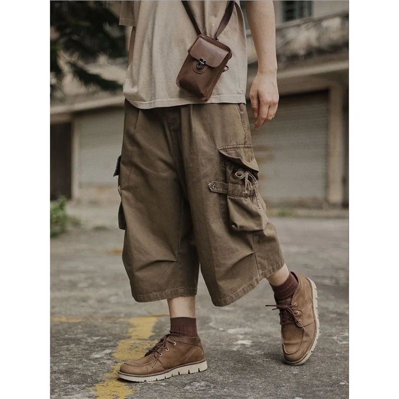 2026 New American Style Cargo Capri Pants With 3D Big Pockets Solid Color Loose Outdoor Cropped Trousers Men Women Streetwear