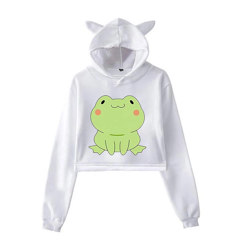 Neuer y2k kurz geschnittener Pullover niedlicher Frosch druck Sweatshirt Frauen Mädchen Katzen ohren Hoodie