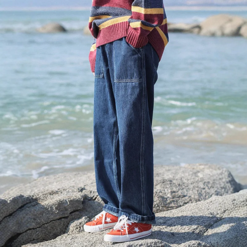 New Japanese Retro Street Three-dimensional Cut Draped Jeans in Spring and Autumn Loose Versatile Washed Old Straight Trousers