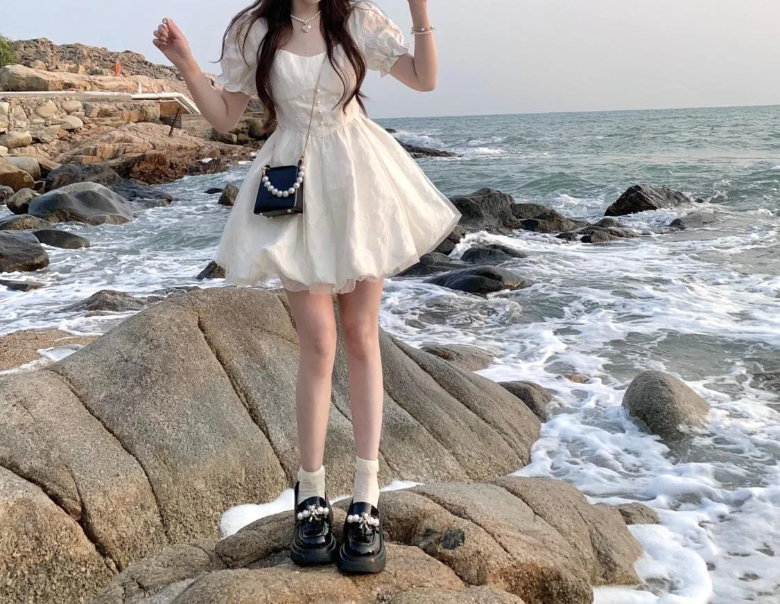 CGC Vintage Puff Sleeves White Short Dresses For Women Summer Elegant Party Dresses Korean Fashion Female Kawaii Lolita Dress