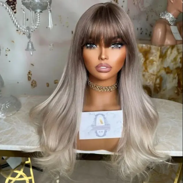 أومبير الرماد رمادي شعر مستعار أشقر طويل موجة طبيعية شعر مستعار مع الانفجارات الدانتيل أعلى شعر مستعار رخيصة حزب اليومية تأثيري الباروكات ألياف مقاومة للحرارة #1