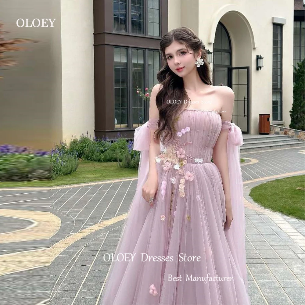 OLOEY Fairy Tulle A Line Evening Dresses Korea Photoshoot 3D Flowers Strapless Garden Wedding Gowns Corset Back Floor Length