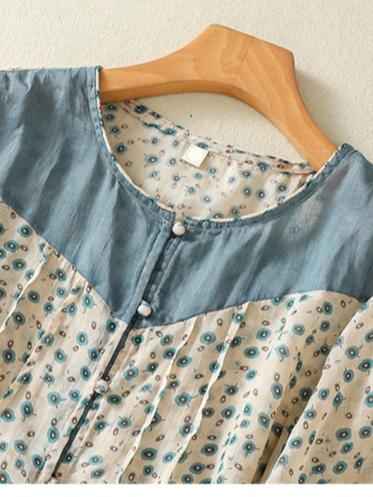 Künstlerische Baumwolle Leinen Blumendruck Damen irt round Ne ort Sve Bequeme lockere Passform Übergröße Chinesische Marke Sommer...