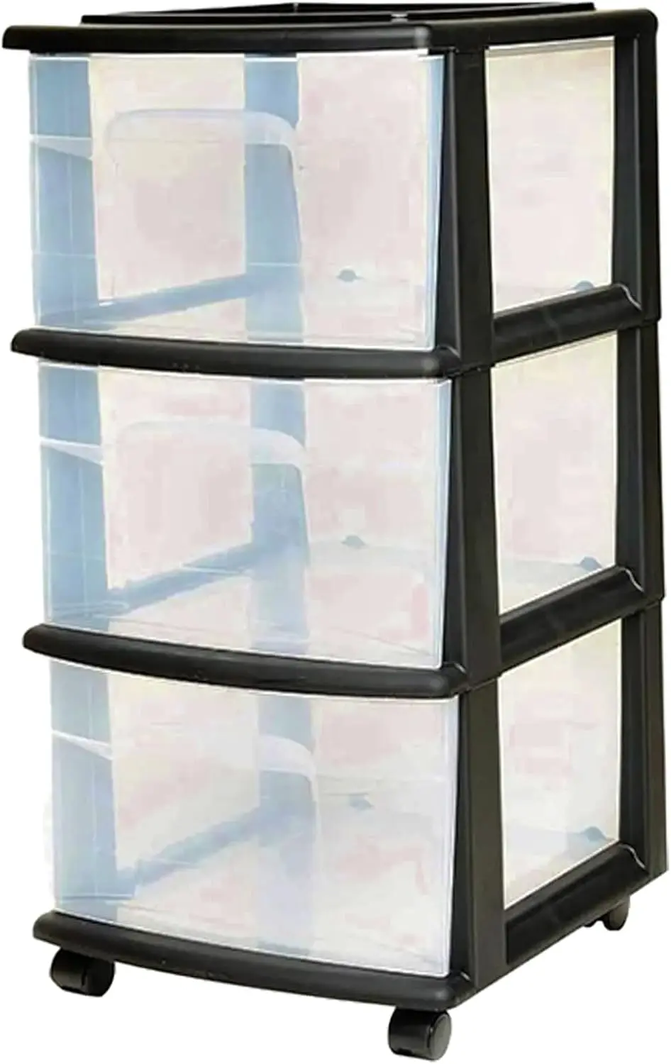 Plastic 3 Clear Drawer Medium Home Organization Storage Container with 3 Large Drawers w/Removeable Wheels, Black Frame