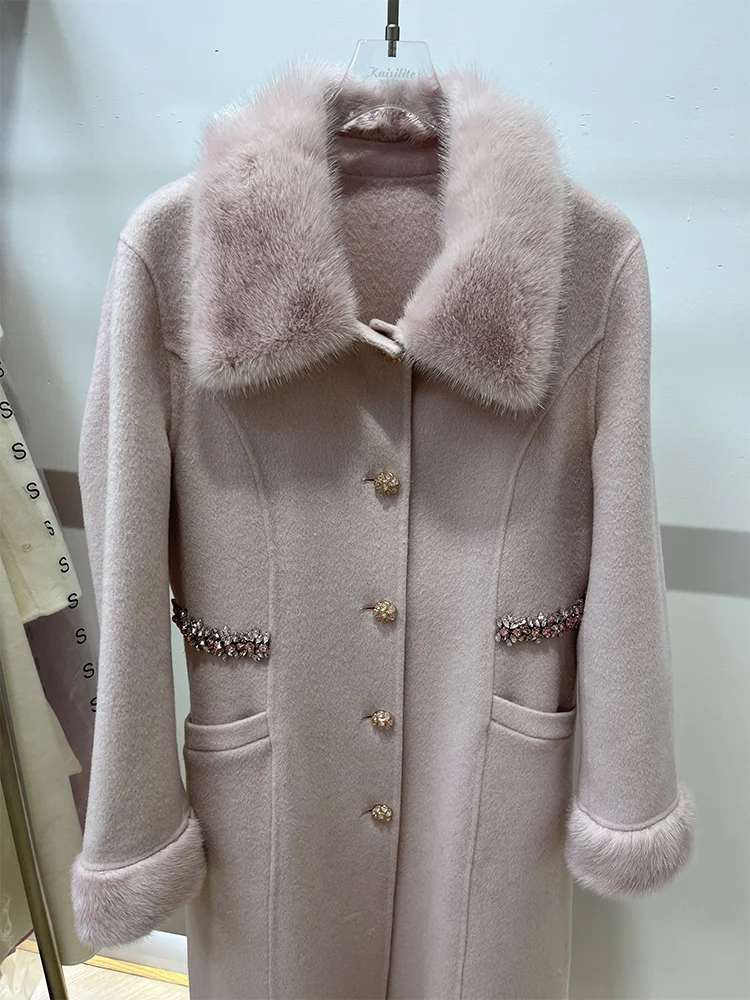 2025 Real Fur Coat Winter Jacket Women Natural Mink Fur Collar Cuffs Cashmere Wool Woolen Ladies Outerwear Streetwear