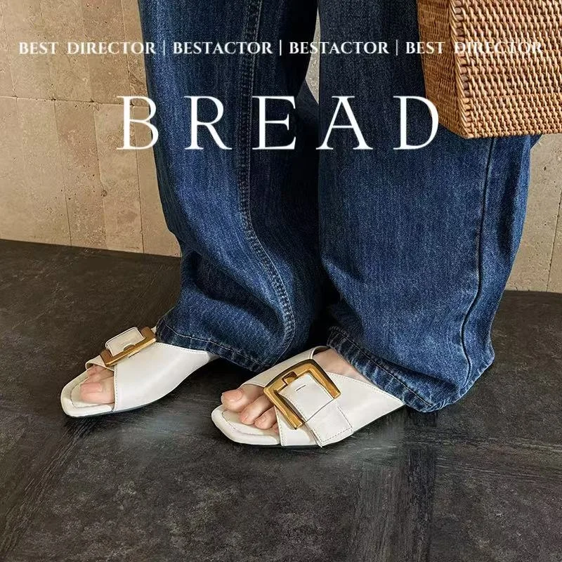 2026 new summer women sandals natural leather plus size 22-24.5cm  sheepskin+pigskin+microfiber buckle mules women slippers