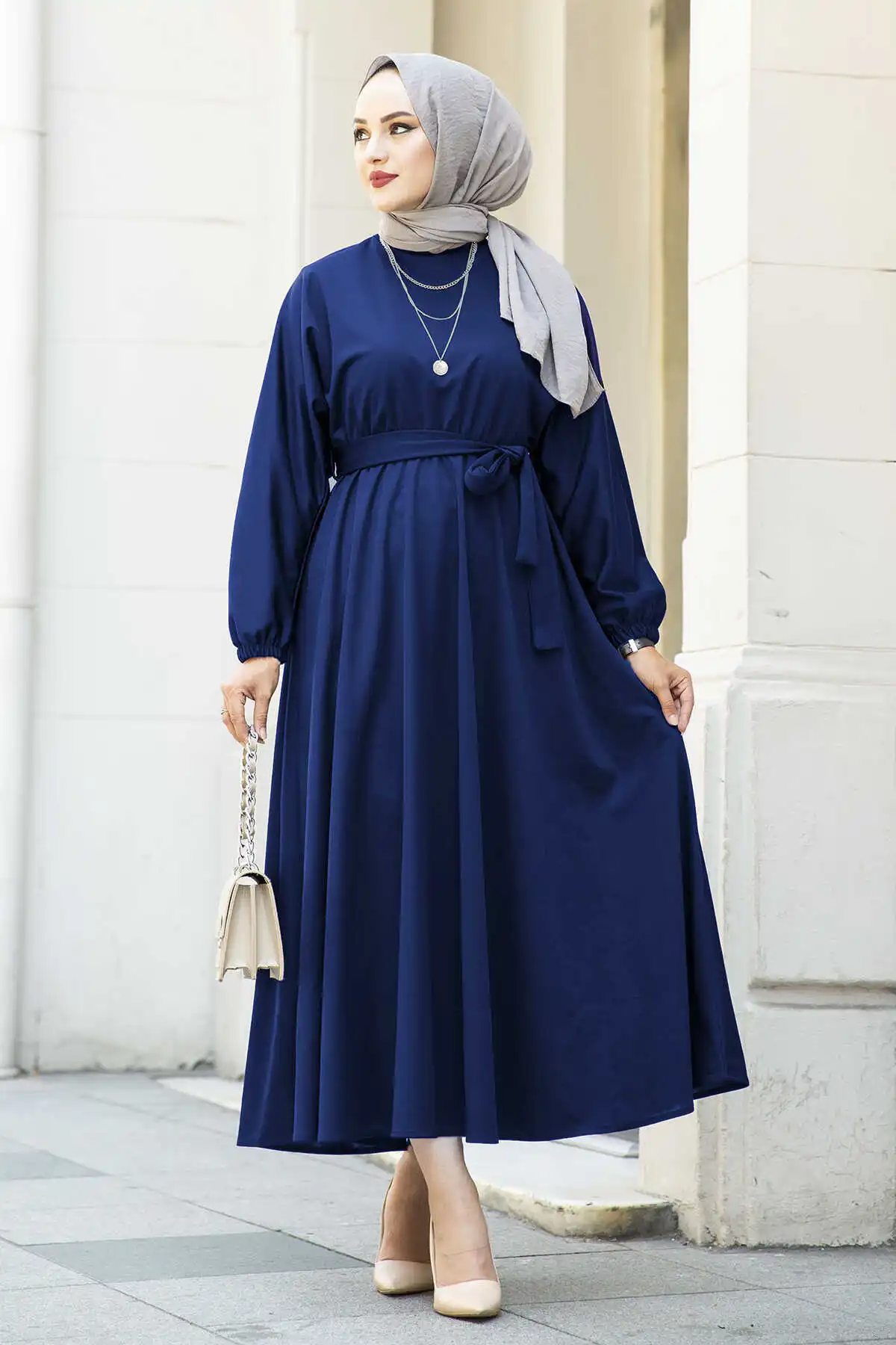 

Waist Belted Dresses Indigo Winter Autumn 2021 Muslim Women Hijab headscarf Islamic Turkey