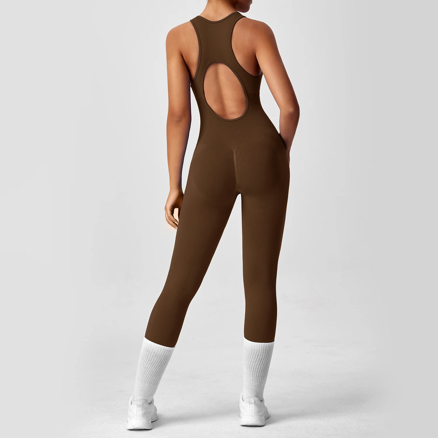 Seamless Peach Booty One-Piece Yoga Bodysuit - V-Back Tummy Control Gym Outfit for Women - Sexy Workout Jumpsuit Fitness Bodycon image 3