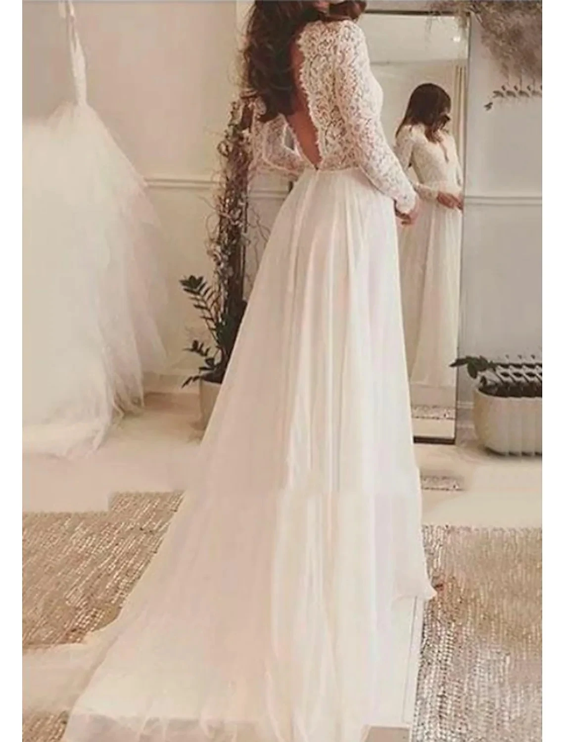 

A-Line Boho Wedding Dresses V Neck Lace Chiffon Long Sleeve Backless Illusion Bride Gowns Vestidos De Noiva Mariage