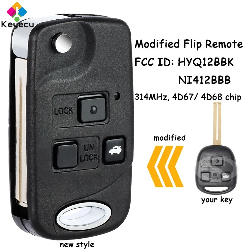 

KEYECU Modified Flip Remote Control Car Key With 3 Buttons 314MHz 4D67 4D68 Chip for Lexus SC430 LS430 2002 - 2010 Fob HYQ12BBK