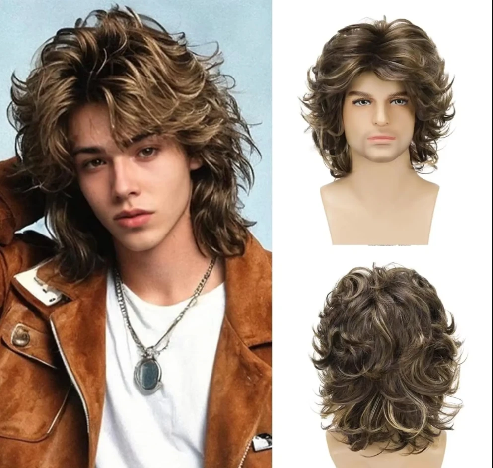 

Short Mens Wigs Synthetic Pixie Cut Ombre Mixed Brown Layered Wig with Bangs for Men Daily Party High Temperature Fiber