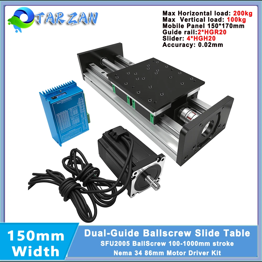 

Heavy Load 200KG Ballscrew Sliding Table 150mm Wide Large Linear Stage Motion Module 4 HGH20 Double Guide HGR20 CNC XYZ Axis