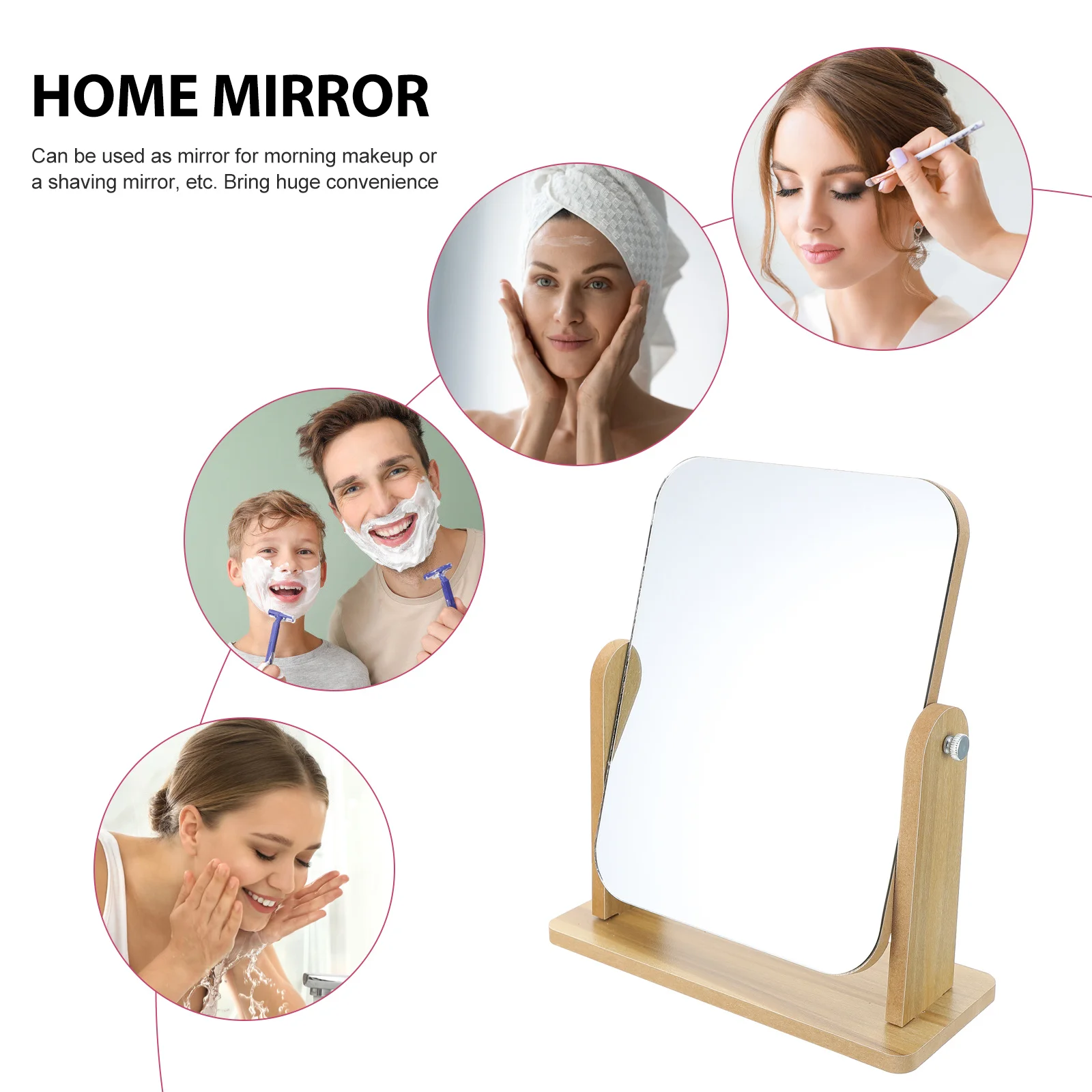 Stylish Rotating Mirror with Wood Stand for Makeup Application Compact Design Fits Any Desktop Home Bathroom Use