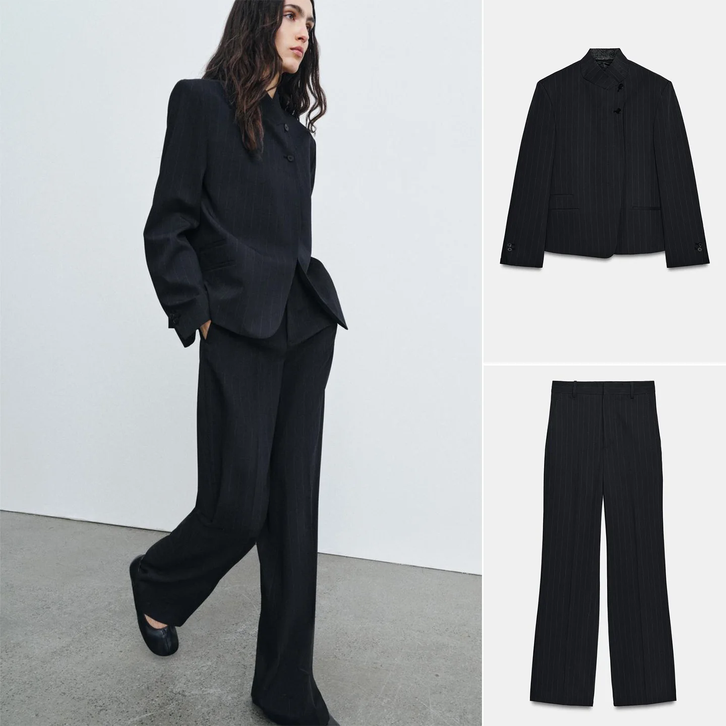 

Long Sve High Collar Slim Striped Suit Jaet High Waist Loose Pants Two Piece Set Faionable Spring Outfit for Women