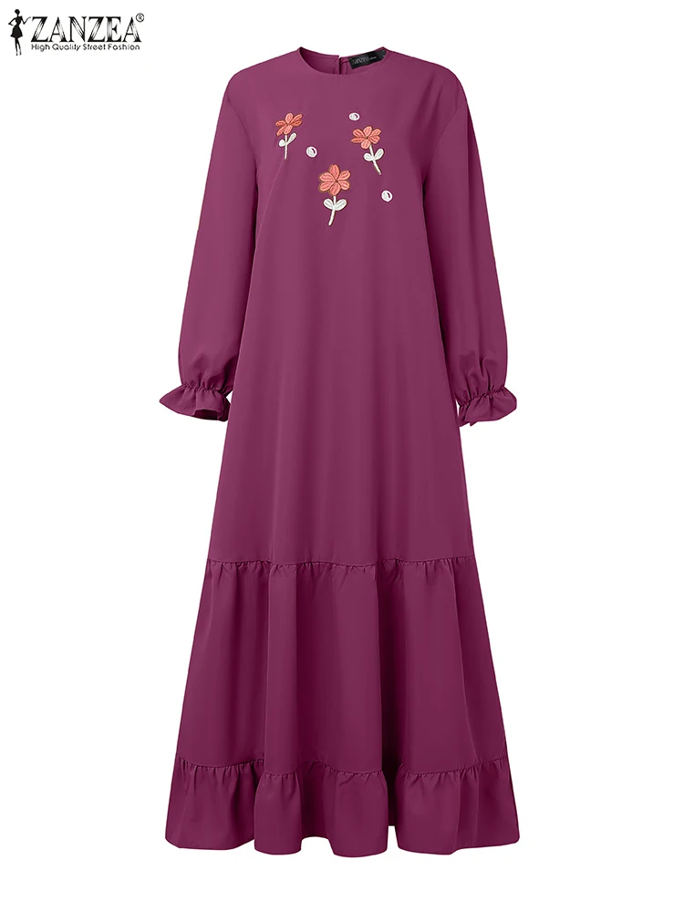 2025 ZANZEA Autumn Dresses Muslim Abaya Robe Femme Women Embroidery Maxi Sundress Long Lantern Sleeve Sundress Kaftan Vestidos