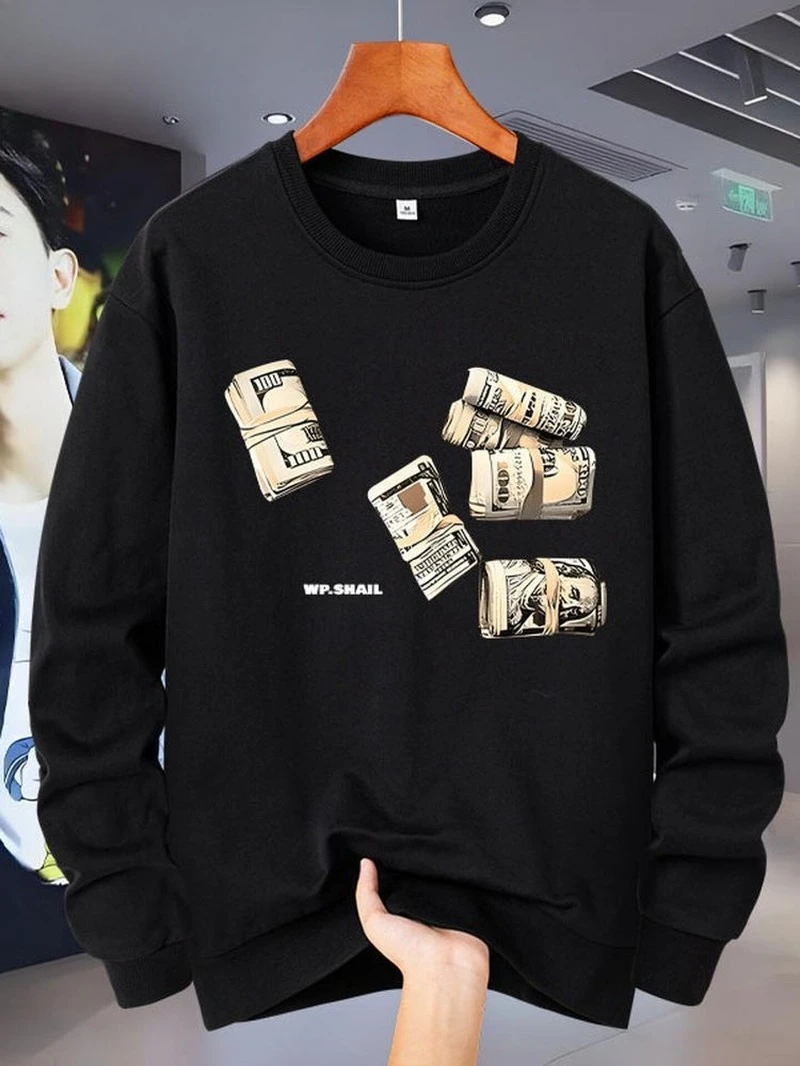 

American Banknote Pattern Prints Autumn and Winter Round-neck Hoodie High-end Luxury Is for Both Men and Women Top Y2k