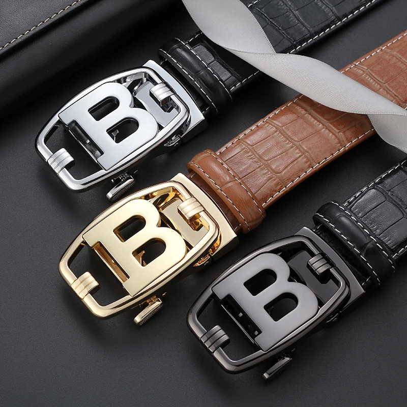 Fashion Men Metal B Letter Automatic Buckle Belt Crocodile Embossed Print PU Leather Belt