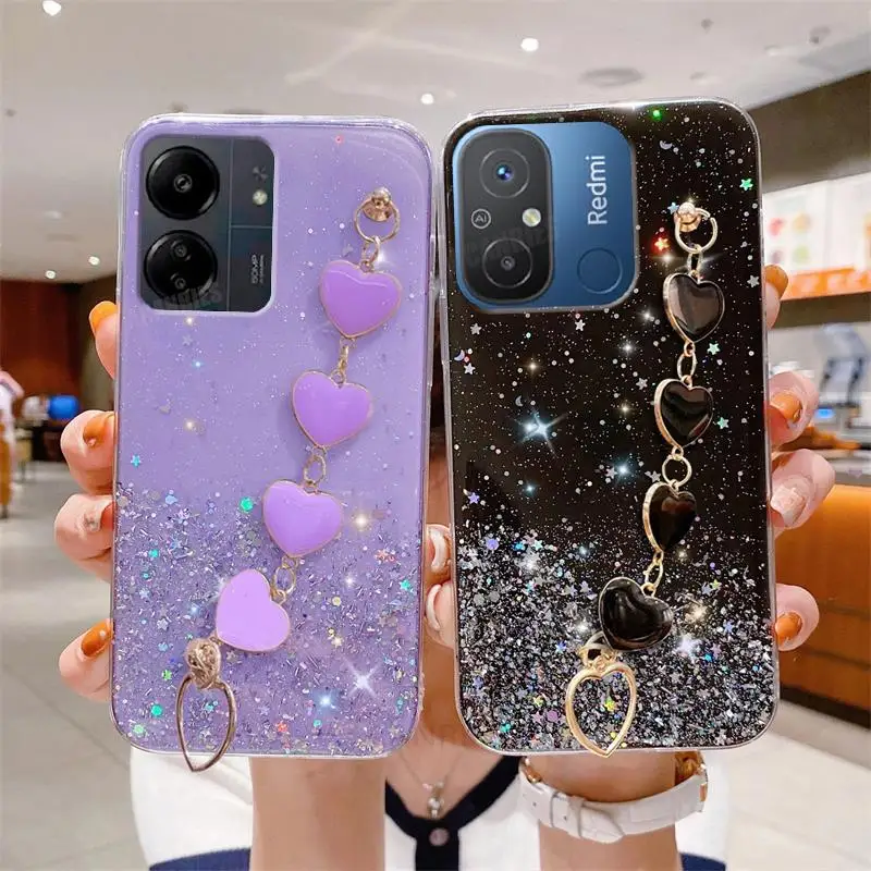 Redmi13c Love Heart Wrist Chain Glitter Case On For Xiaomi Redmi 13c 12c 12 10 10a 10c 9 9a 9c 11a A2 A1 Bracelet Silicone Cover