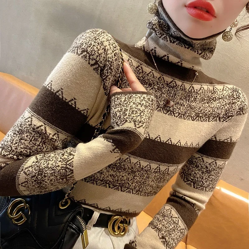 

Women Clothing Vintage Jacquard Turtleneck Sweaters Autumn Winter Fashion Elastic Slim Pullovers Y2k Chic Soft Wool Top Knitwear