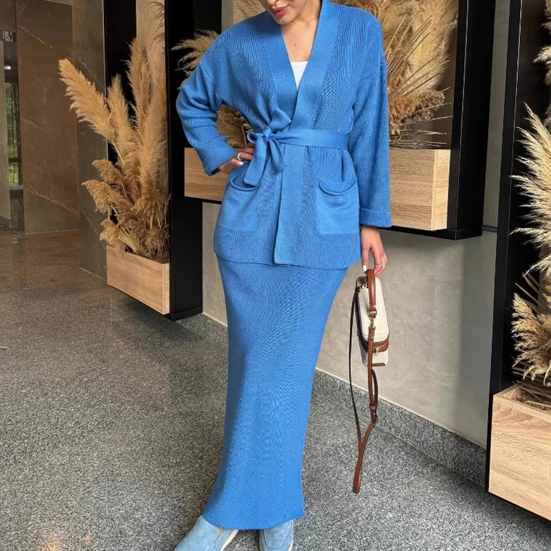 Элегантные трикотажные однотонные юбки, повседневные кардиганы с длинными рукавами и длинные юбки, женские модные разноцветные костюмы из 2