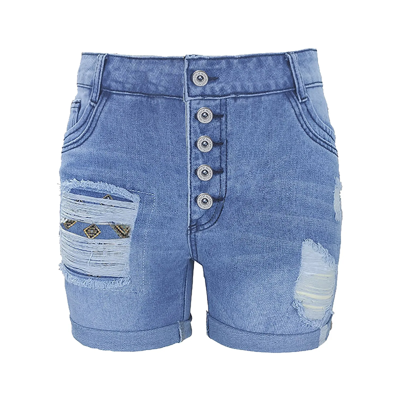 Shorts jeans bordados para mulheres, solto e versátil, cor sólida, fazendo corte antigo, remendo esfarrapado, moda, verão