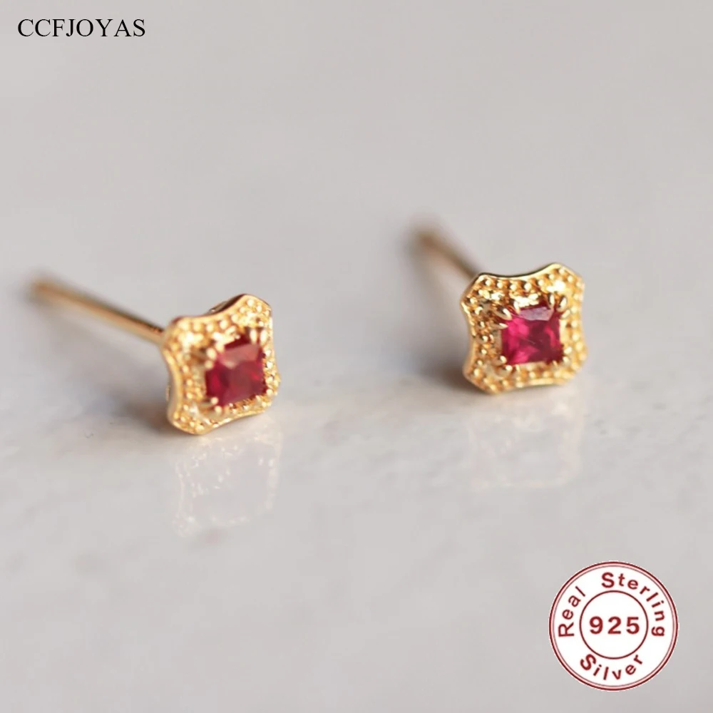 

CCFJOYAS 18k Gold Plated 925 Sterling Silver Square Retro Red Zircon Stud Earrings for Girl Mini Cute Vintage Small Earrings