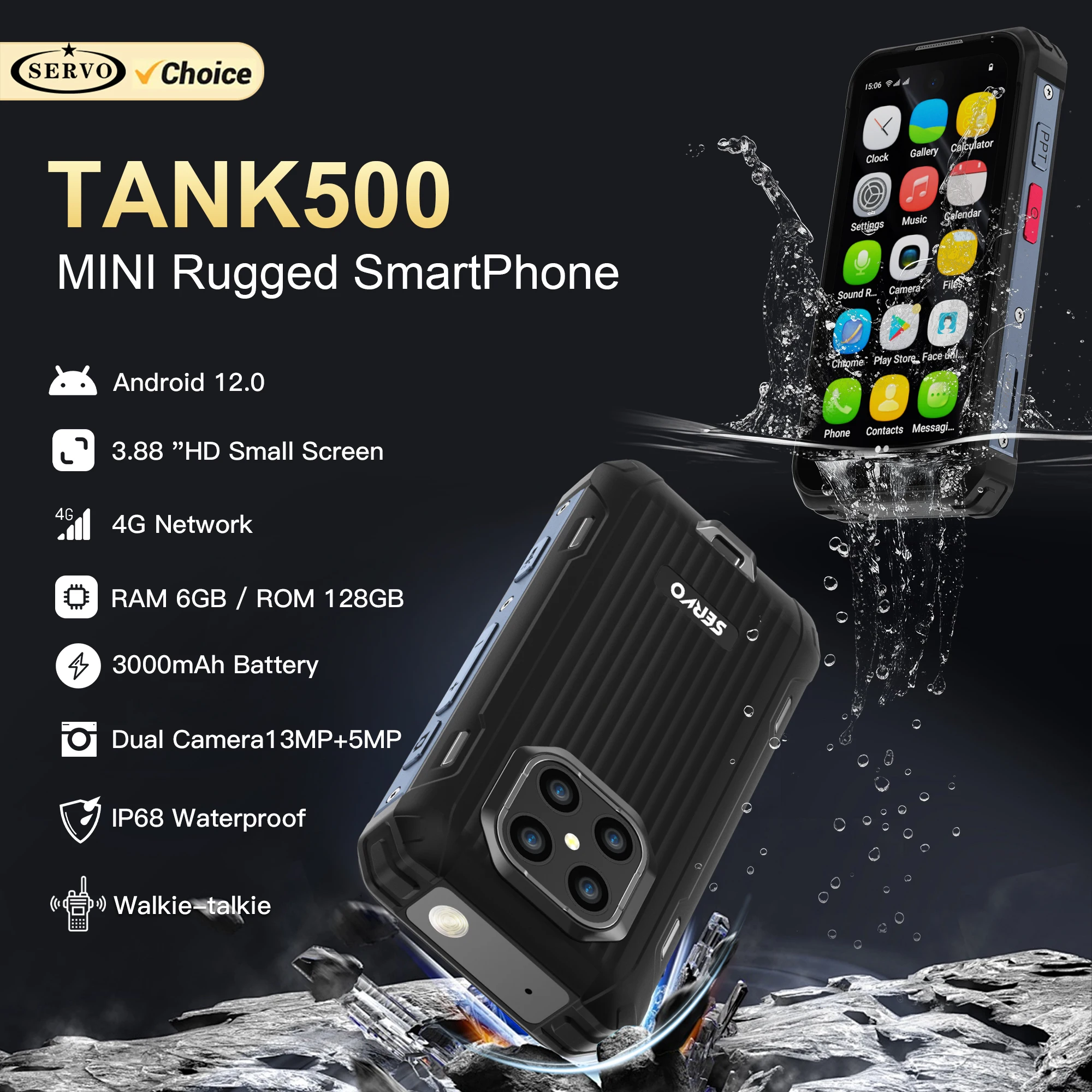 SERVO TANK500 IP68 Waterproof Mini Smart Phone 4G LTE Android 12 RAM 6GB ROM 128GB PTT Network Intercom Small Rugged Smartphones