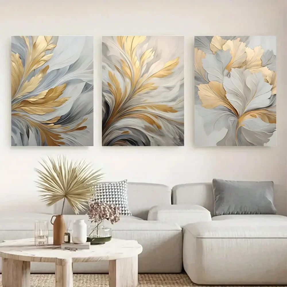 

3pcs Abstract Luxury Wall Artworks, Golden And White Leaf Canvas Wall Art Paintings, Modern Dreamy Leaf Art Posters, Wall Arts,