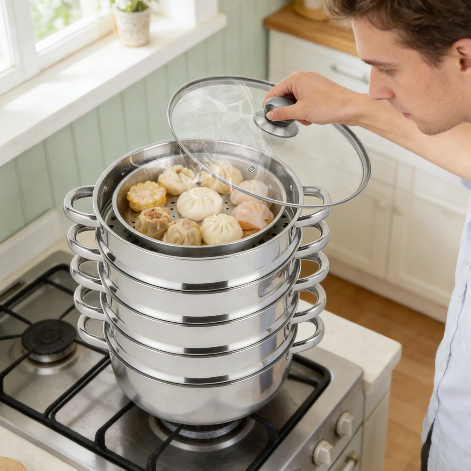 Steamer Pot, Food-Grade Polished Stainless Steel Steamer Cooker Multi-functional 5-layer Fast Heating