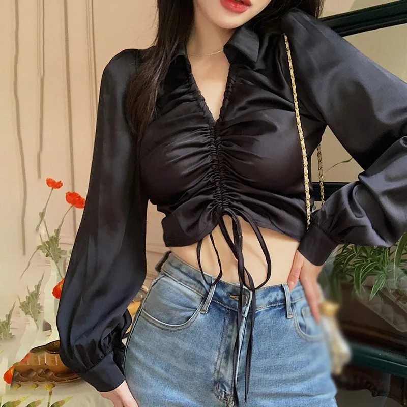 Women\'s Satin Shirt Sexy Tops Summer Spring Solid Color Casual Tight Top V Neck Long Sleeve Blouse