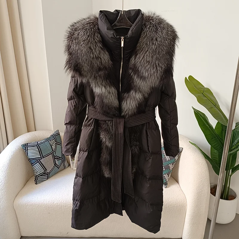 2023 New Real Fox Fur Collar Winter Women White Duck Down Long Jacket Belt Female Thick Warm Coat Luxury Slim Hooded Outerwear