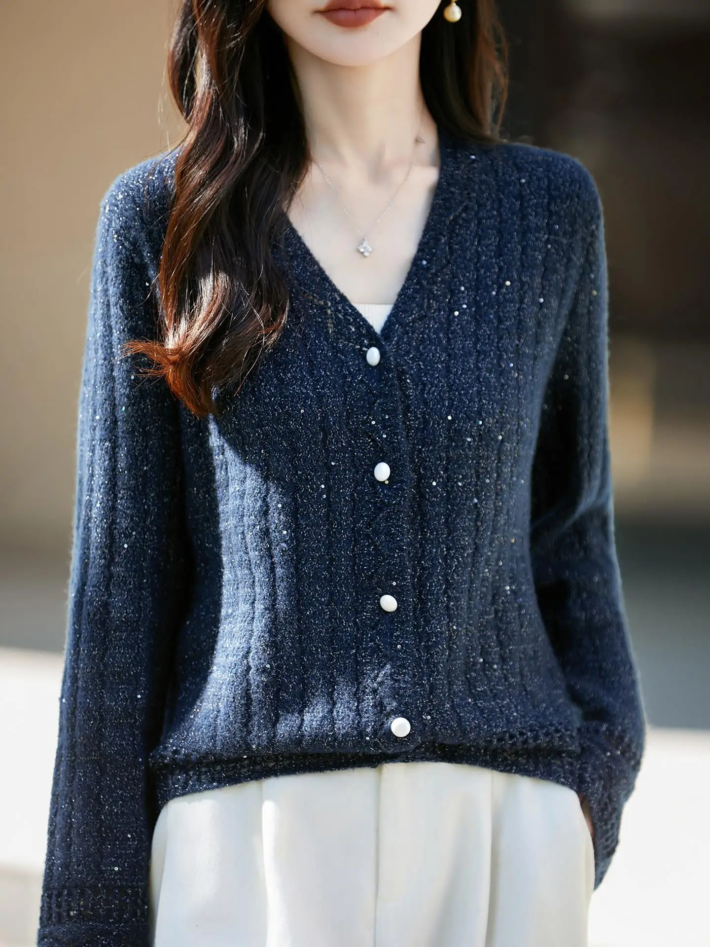 Silver Thread Beaded Hollow Twist Woolen Women's Sweater Loose Silk Cashmere Knitted Outerwear Open Cardigan Autumn Fashion