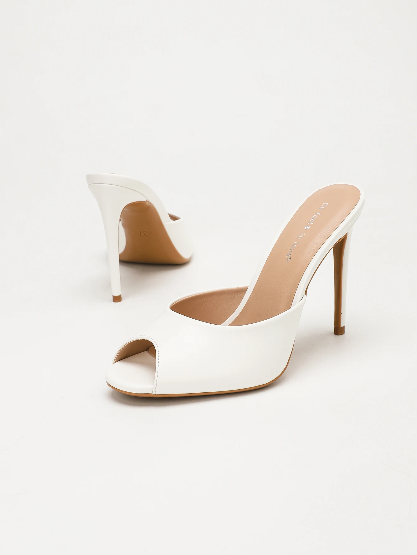 Weiße PU Peeptoe-Slipper für Damen, Stiletto-Absatz, Slip-On-Sandaletten für Hochzeit, Strand und Party – Detail 3