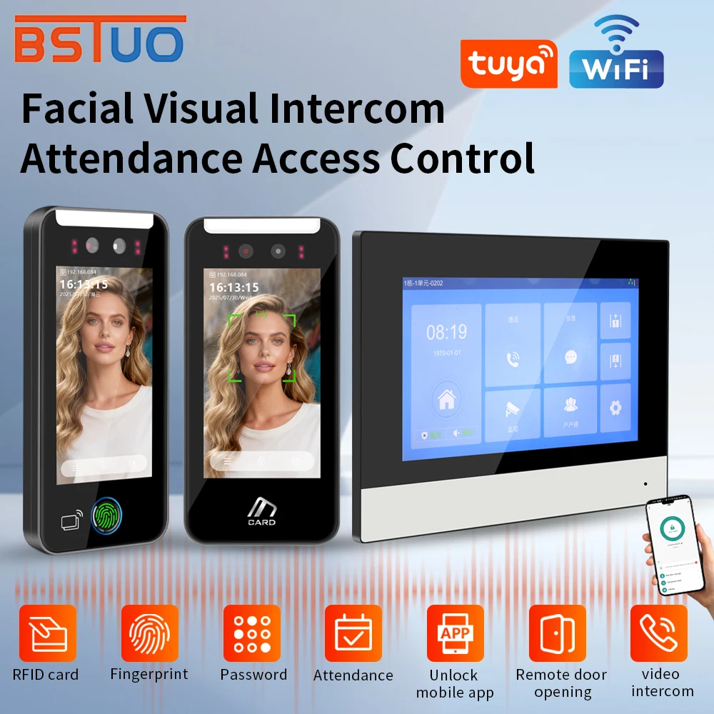 Face Recognition Visual Intercom System Tuya WiFi Biometric Fingerprint Palm Vein Access Control with 7in Indoor Unit HD Camera