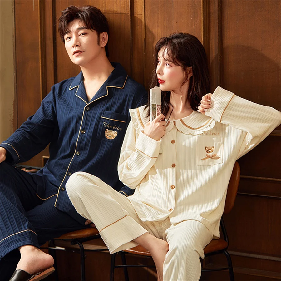 2024 Autumn Winter Couple Pajamas Set Men Long Sleeve Tops and Pants Home Clothes Women Casual Sleepwear 2 Piece Loungewear