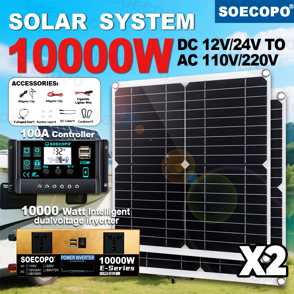 

SOECOPO 6000W Solar Kit 2x300W Solar Panels 12V DC - 110V/220V AC Inverter Controller Perfect for RVs Homes and Camping Equipped