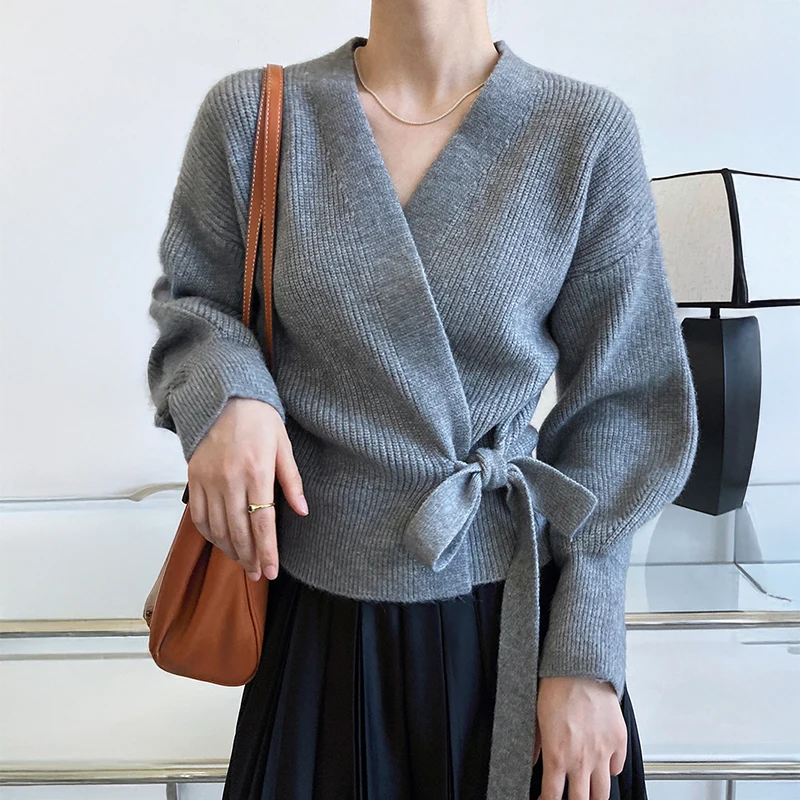 

Women's Knitted Wrap Cardigan with Tie Side Wrapover Front.Surplice Top Sweater Jacket Fall Winter Ladies Elegant Fashion