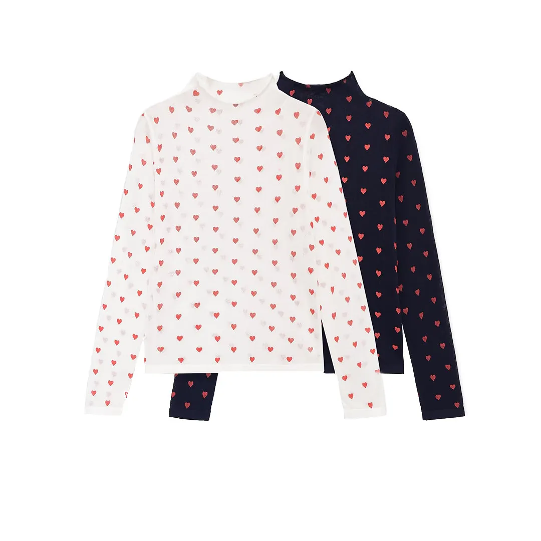 Heart Print Women's Long Sleeve T-shirt 2026 Spring New High Street Stand-up Collar Pullover Casual Loose White Breathable Tops