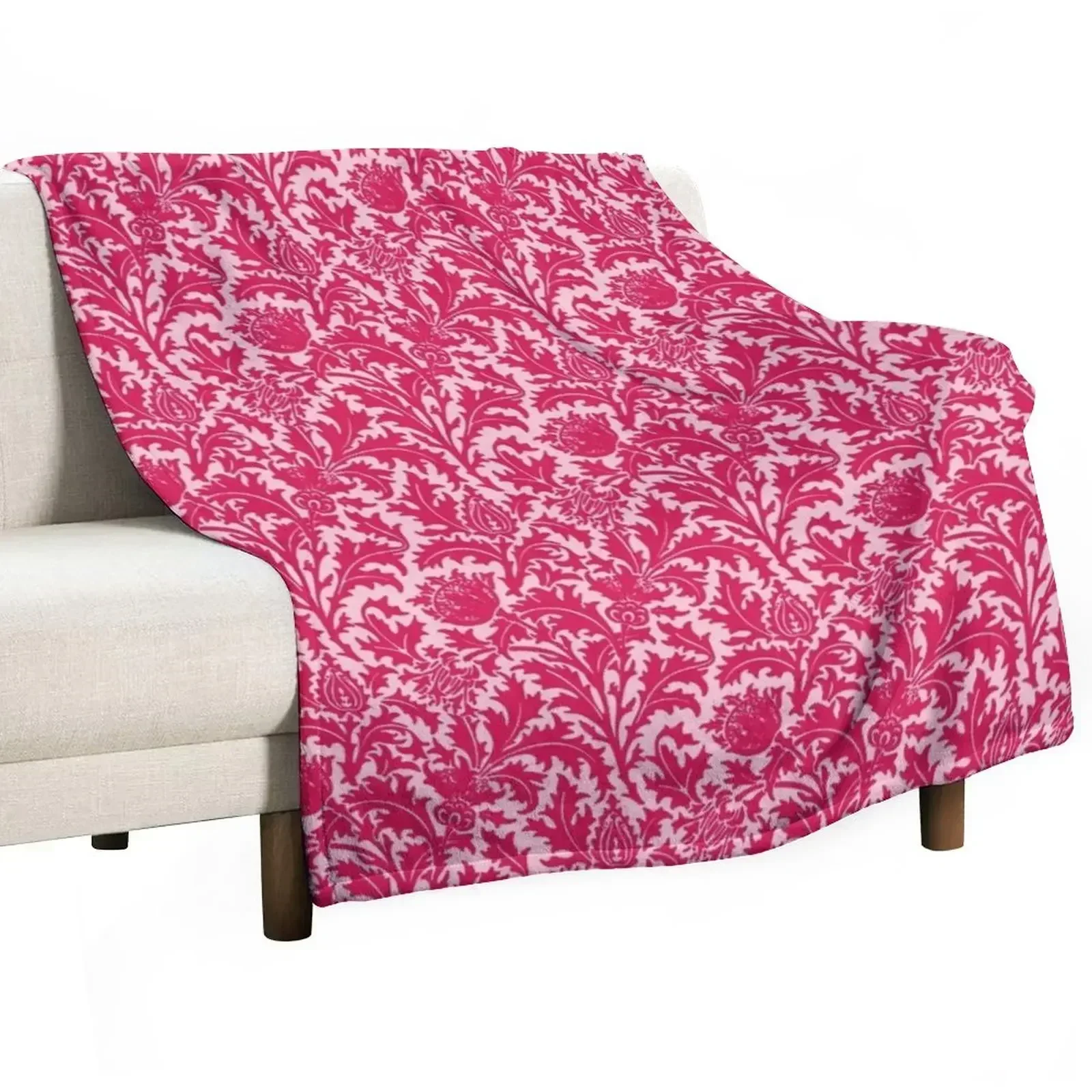 

William Morris Thistle Damask, Fuchsia Pink Throw Blanket Heavy Large Designers Bed covers Blankets