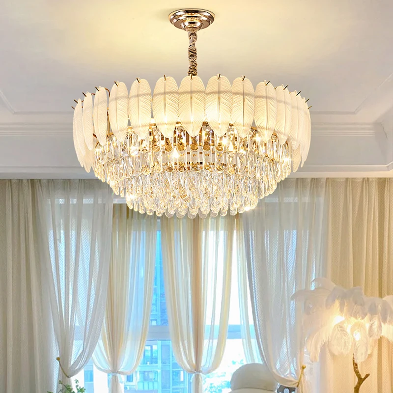 Light Luxury Led Crystal Chandeliers Villa Living Room Bedroom Creative Feather Chandeliers Modern Home Interior Lighting Lamps