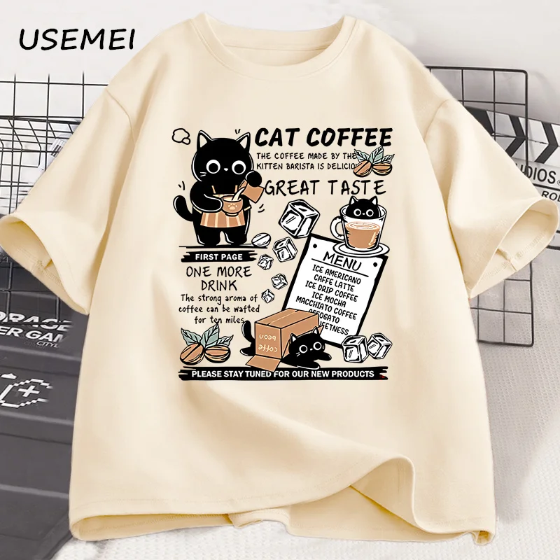 Funny Cat Make Coffe Print T Shirt for Men Women T-shirt Summer Loose Cotton Short Sleeve Trendy Y2k Tops Mens Designer Clothes