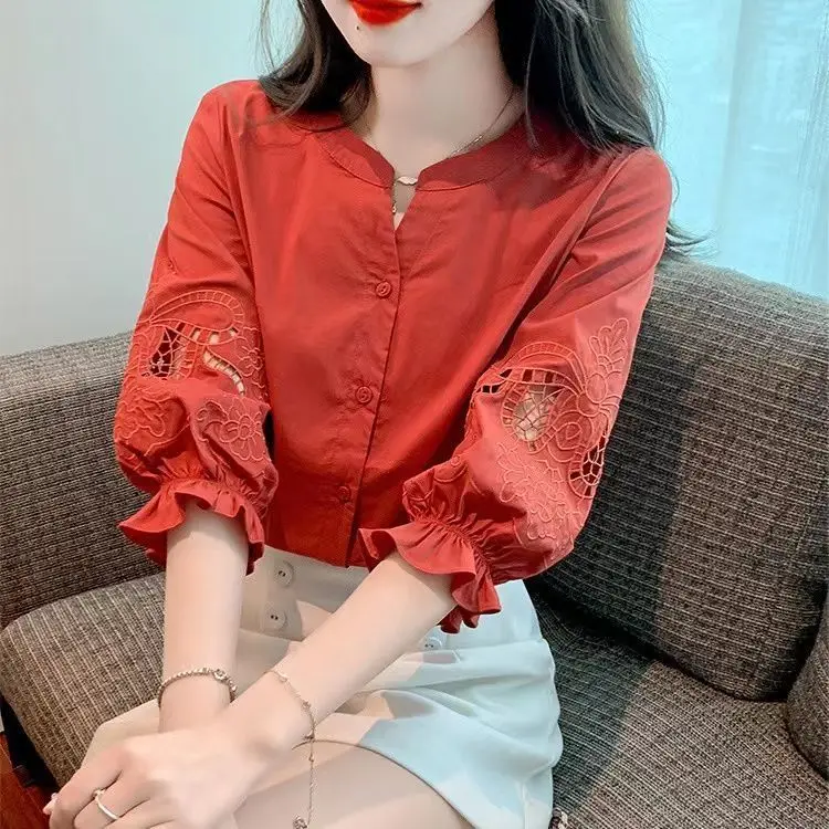 Spring and Summer New Short Sleeved Chiffon Shirt Women\'s 2024 New Bubble Sleeve Mid Sleeved Top Unique Shirt