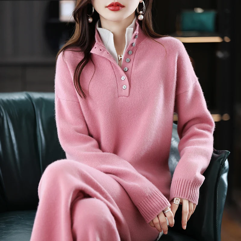 New 2023 Ladies Cashmere Suit Half Turtleneck Loose Sweater Solid Color Knit Casual Wide Leg Pants 100% Pure Wool Two Piece Set