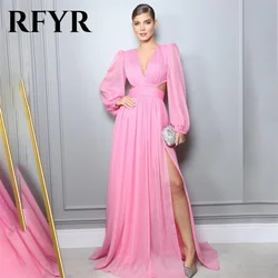 RFYR V Neck Pink Blush Long Party Dress Chiffion Vintage Night Dress Long Sleeves V Neck Celebrity Dress vestidos de fiesta