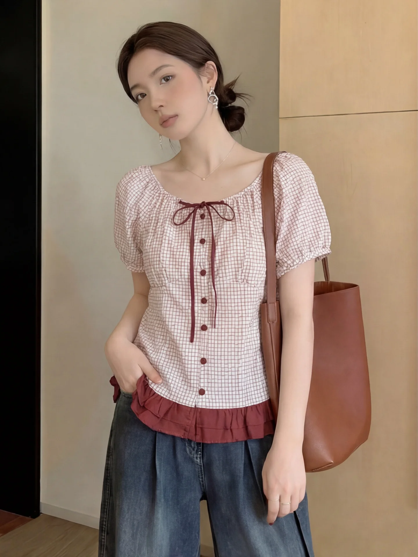 

Sweet Girl Plaid Shirt Women's Summer New Knot Belt Shoulder Bubblesleeve Top V-neck Loose Fit Breathable Cotton