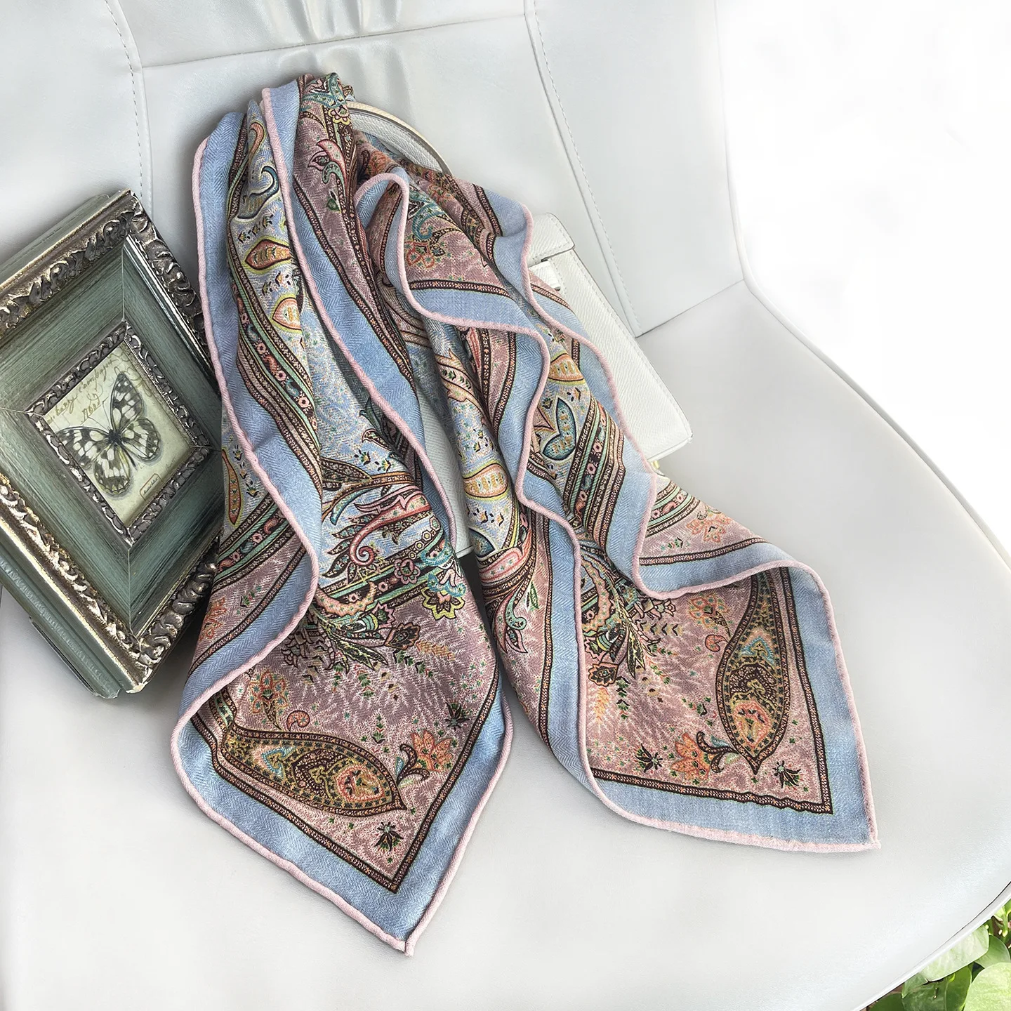 

2026 Soft Silk Wool Autumn Winter Scarf Square Scarf Mist Blue Paisley Ethnic Plant Floral for Women Muffler Ladies Accessory