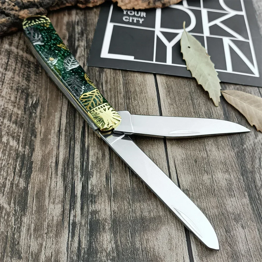 2024 New Folding Pocket Knife 440C Twin Blades Brass+resin Handle Outdoor Hunting Camping Fruit Knives Multi Tool Christmas Gift