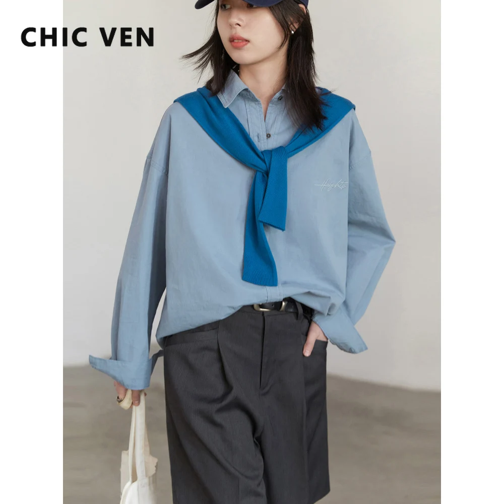 

CHIC VEN Women's Shirts Korean Casual Loose Laple Letter Embroidery Solid Cotton Blouses Fashion Female Tops Spring Summer 2025