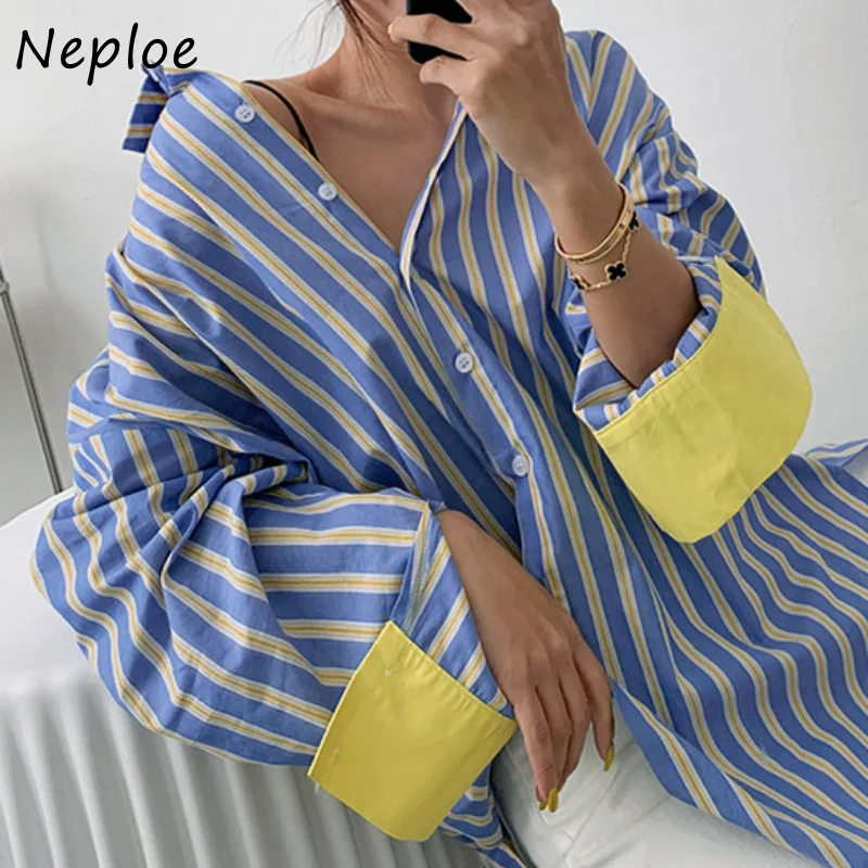 

Neploe Turn Down Collar Stripe Contrast Color Patchwork Blouses Blusas Mujer De Moda 2024 Long Sleeve Single-breasted Shirts